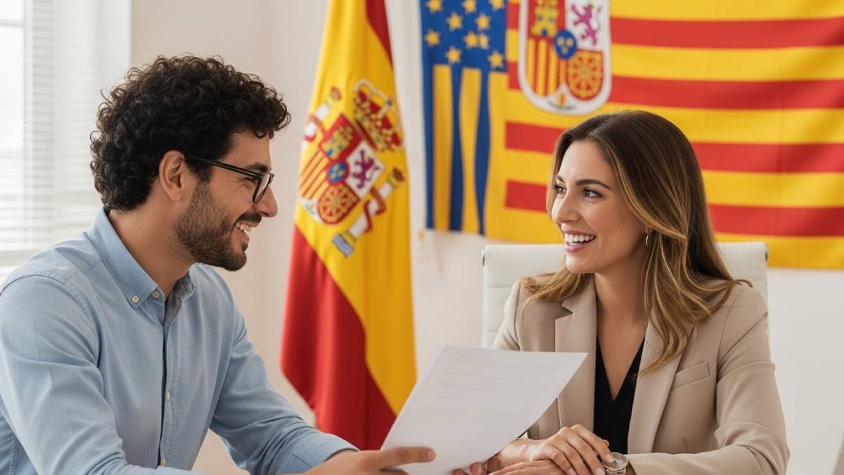 Traducteur avec client valencien, bureau lumineux, drapeau de Valence bien visible
