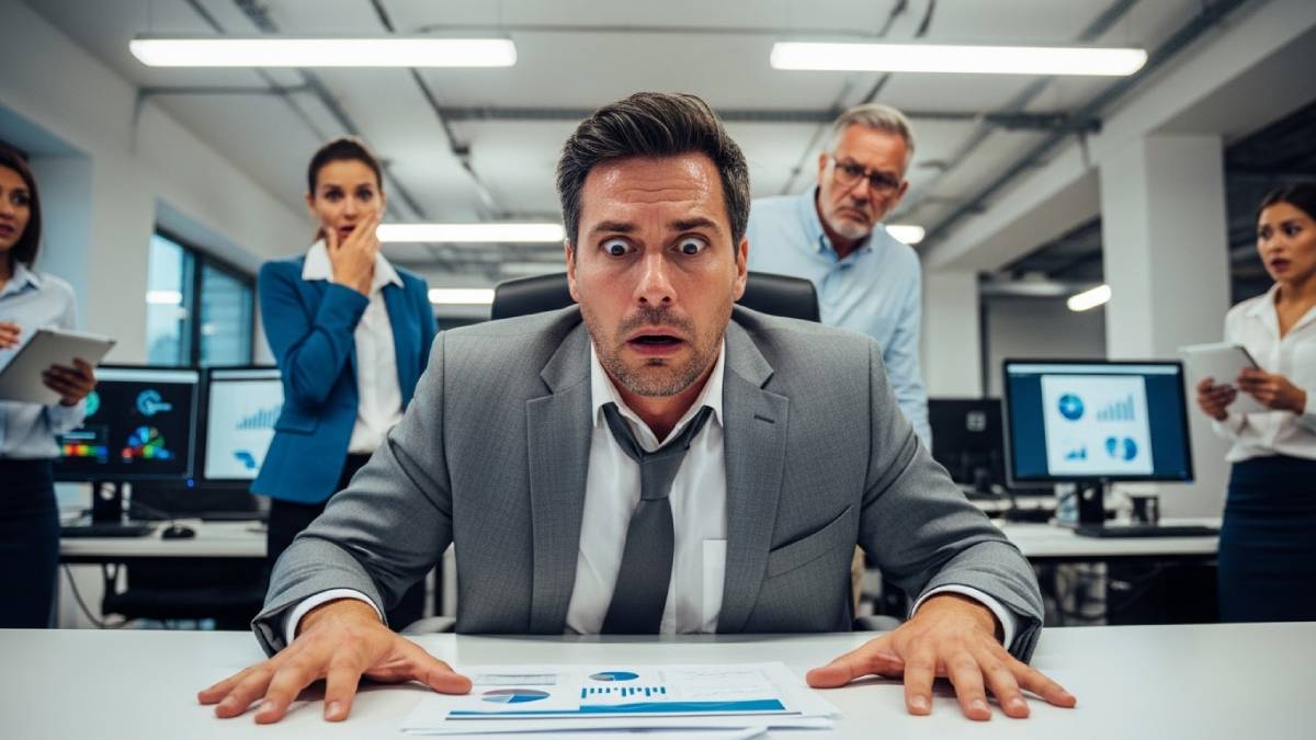 Dirigeant choqué découvrant une erreur de traduction devant ses collègues stupéfaits