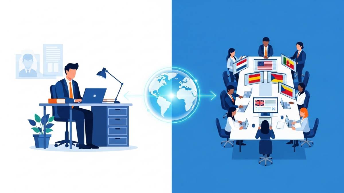 Illustration comparant un traducteur freelance travaillant seul et une équipe en agence de traduction gérant un projet multilingue.