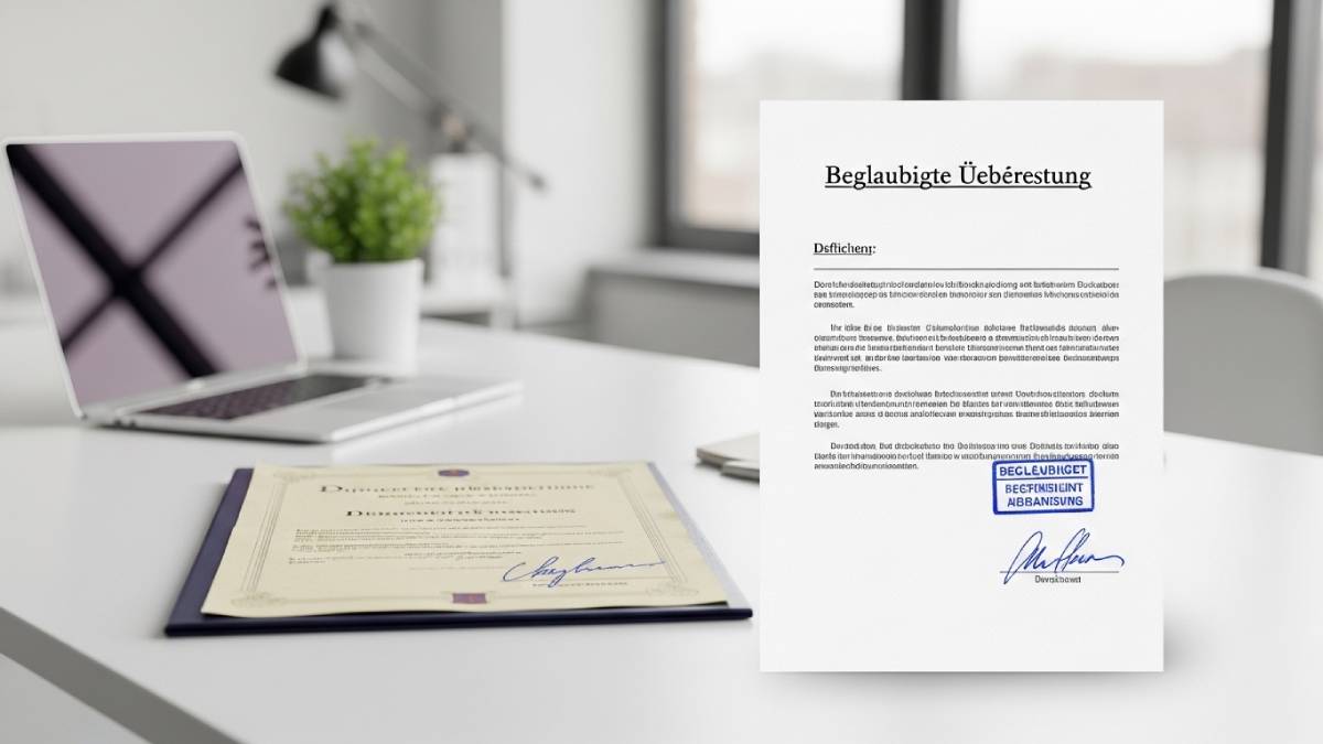 Exemple de traduction certifiée en allemand avec tampon officiel d'un traducteur assermenté.