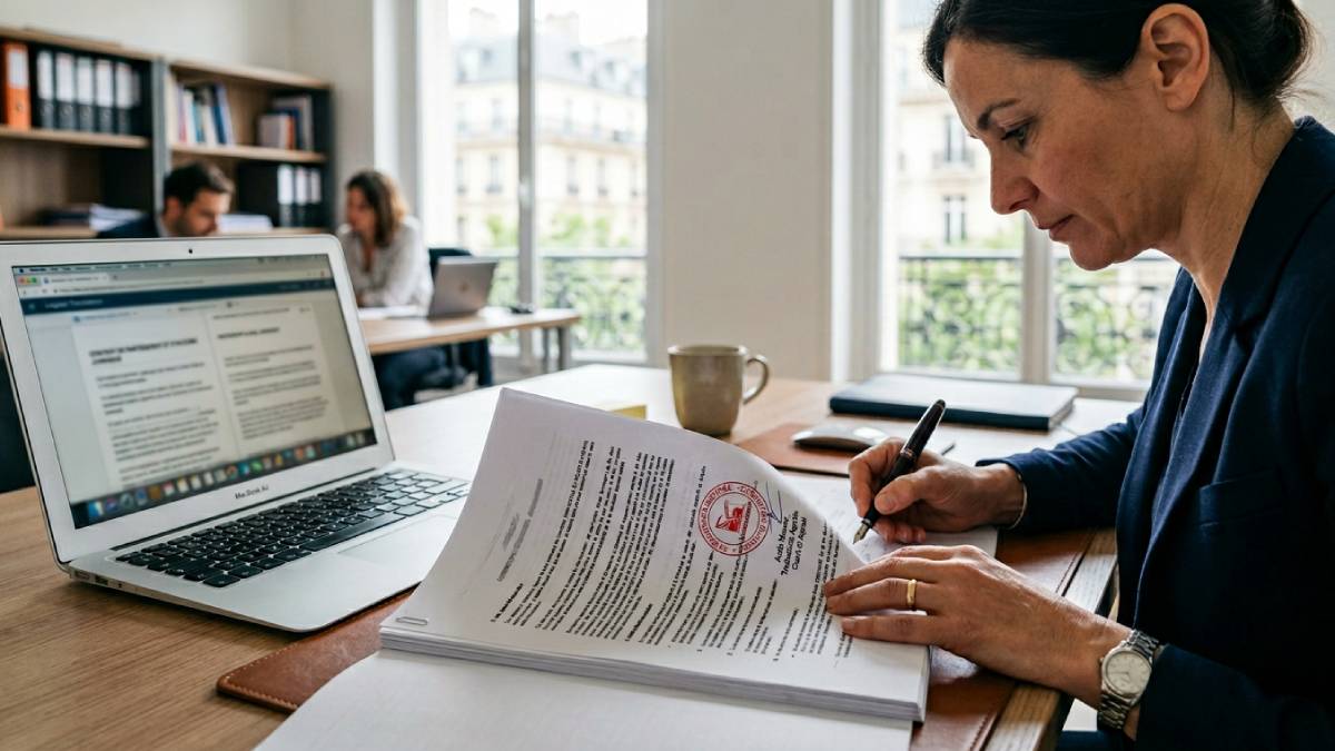 Traductrice certifiée travaillant sur un document officiel d’entreprise dans un bureau professionnel.