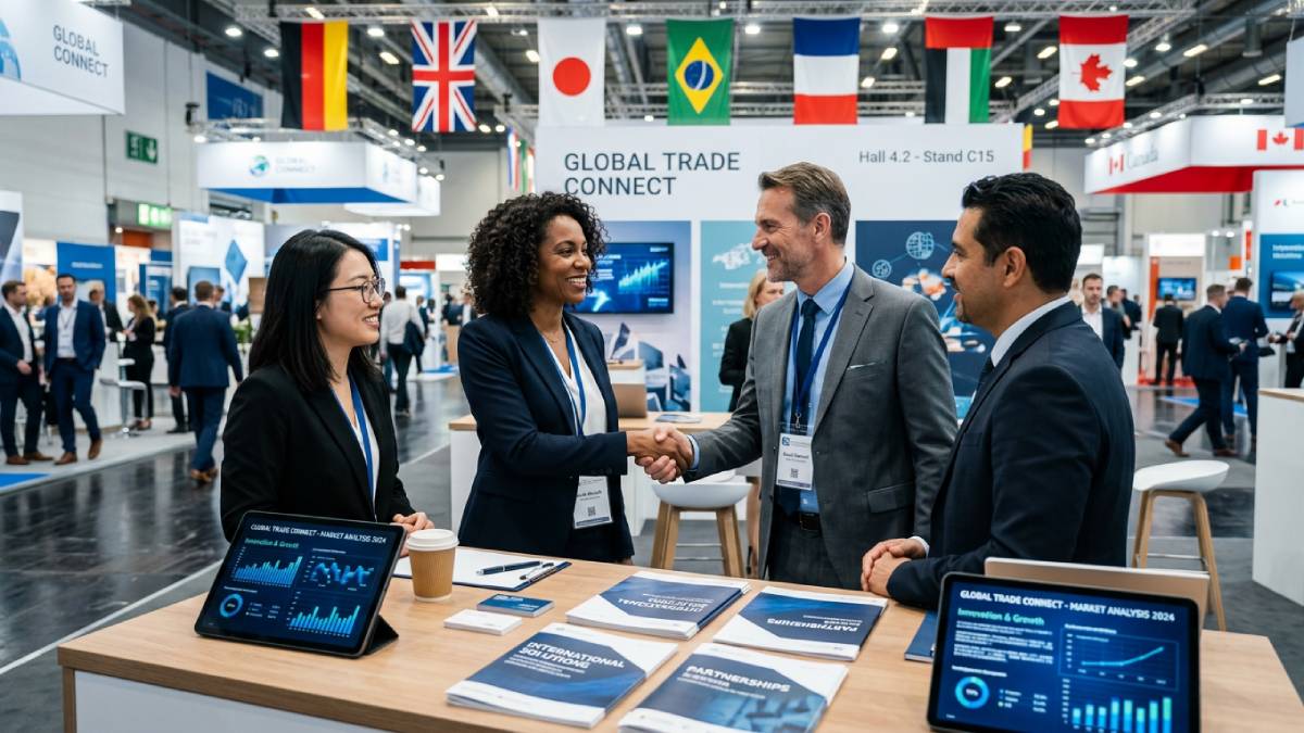 Professionnels échangeant sur un stand de salon international avec des supports de communication multilingues traduits.