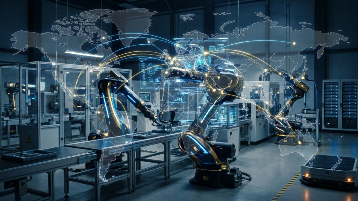 Illustration d'une usine intelligente connectée symbolisant le lien entre documentation technique et croissance globale.