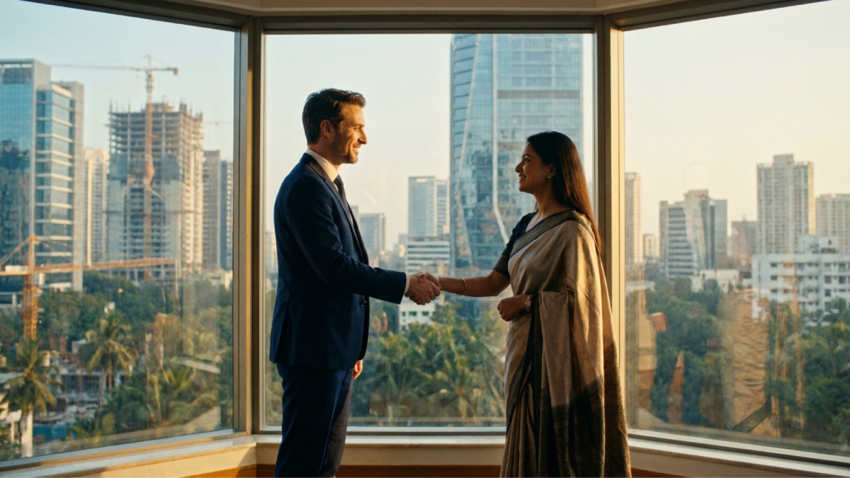 Homme d'affaires français et partenaire indienne échangeant une poignée de main dans un bureau moderne avec vue sur la skyline de Bangalore, illustrant les opportunités d'investissement en Inde.