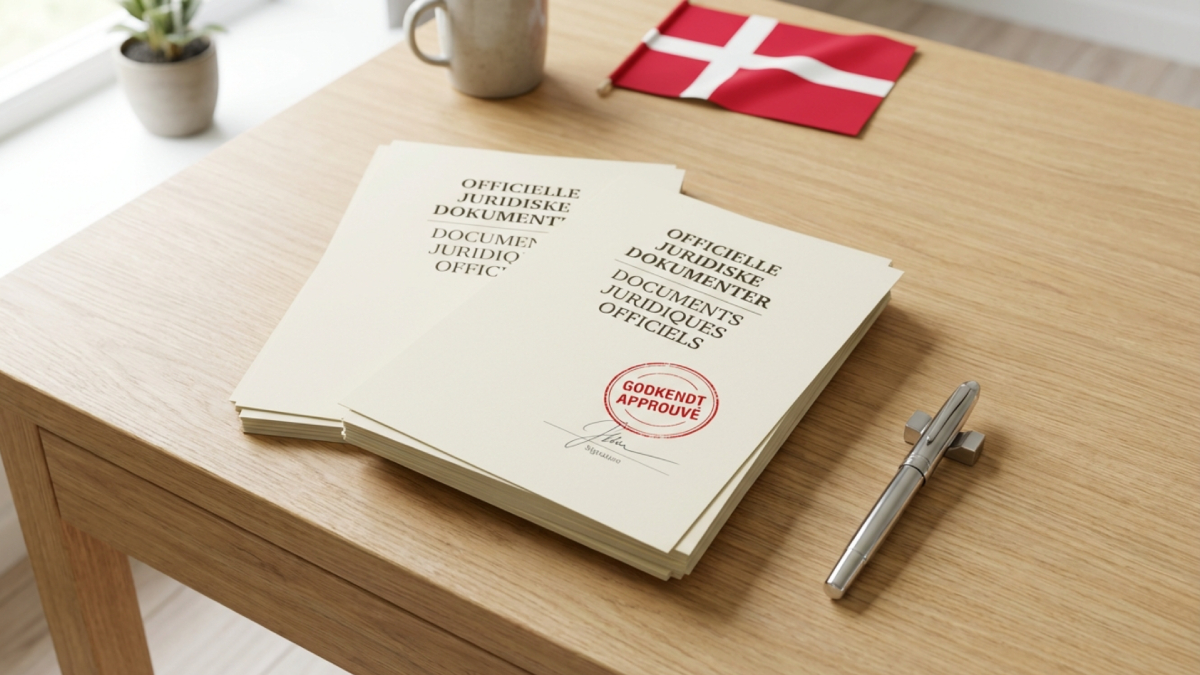 Dossier de traduction assermentée en danois avec tampon officiel et signature d'expert sur un bureau.