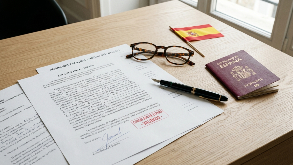 Documents de traduction assermentée en espagnol avec cachet d'expert-traducteur assermenté sur un bureau professionnel.