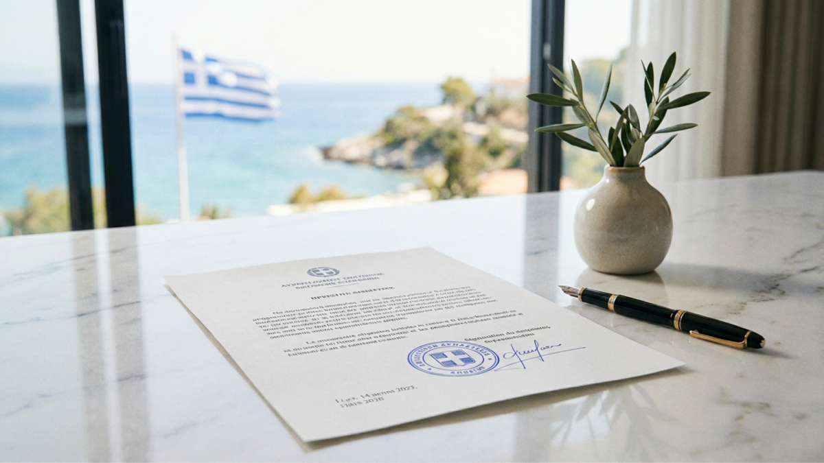 Traduction assermentée en grec d'un acte officiel avec le sceau d'un expert-traducteur assermenté sur un bureau.