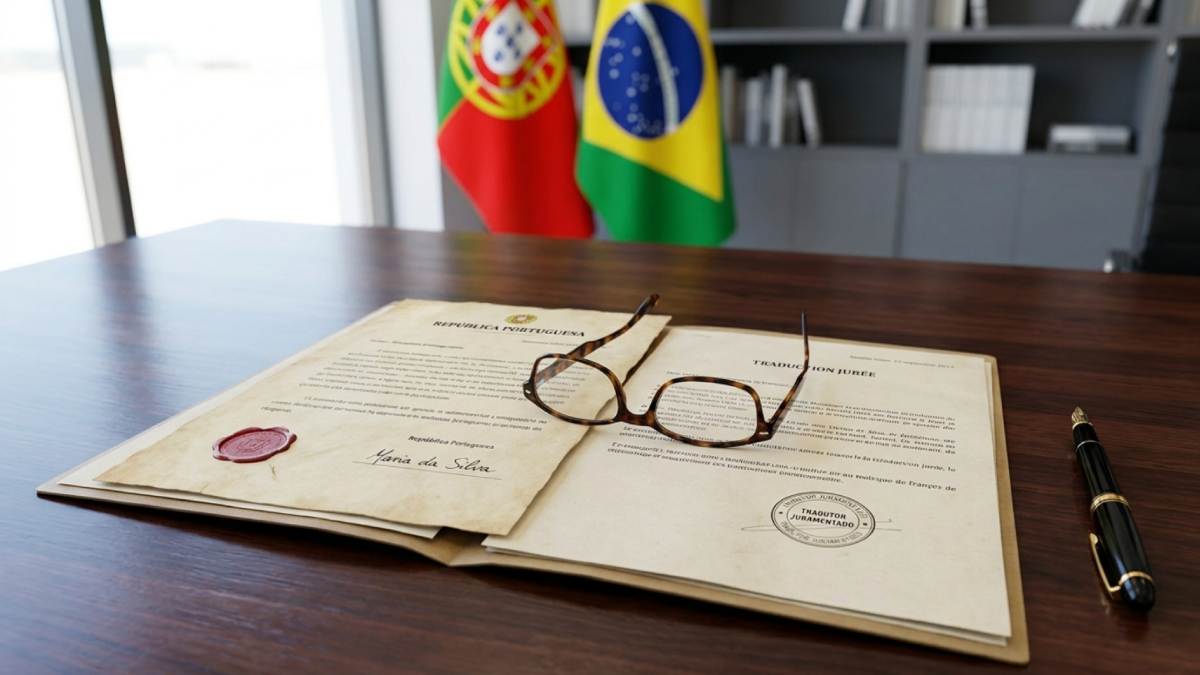 Dossier de traduction assermentée en portugais avec le sceau d'un expert-traducteur assermenté sur un bureau professionnel.
