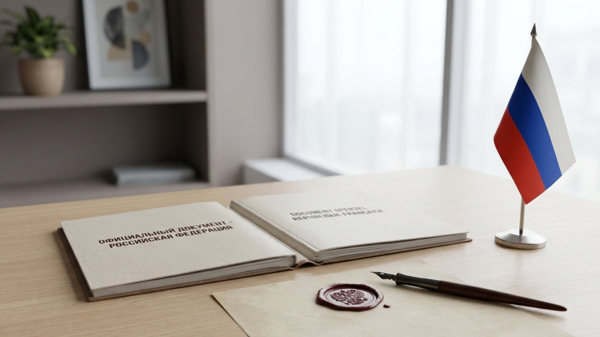 Dossier de traduction assermentée en russe avec le sceau d'un expert-traducteur assermenté sur un bureau professionnel, drapeau russe en arrière-plan.