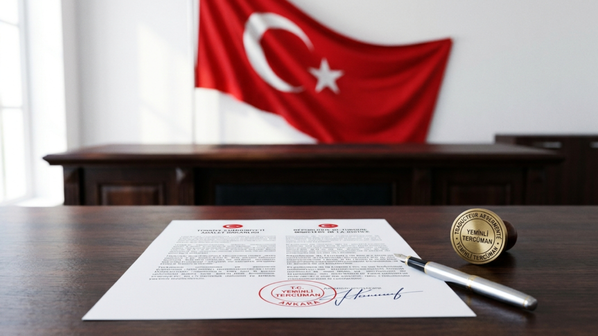 Dossier de traduction assermentée en turc avec le sceau d'un expert-traducteur assermenté sur un bureau, drapeau turc en arrière-plan.