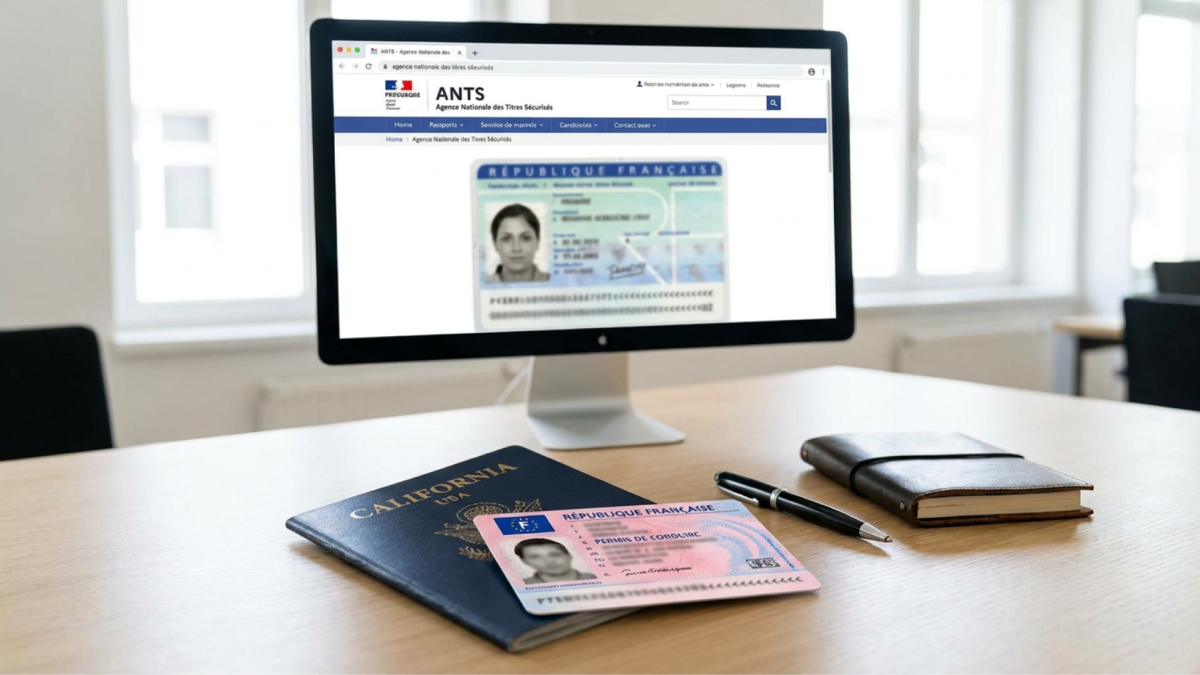 Comparaison permis étranger et permis français sur un bureau avec ordinateur.