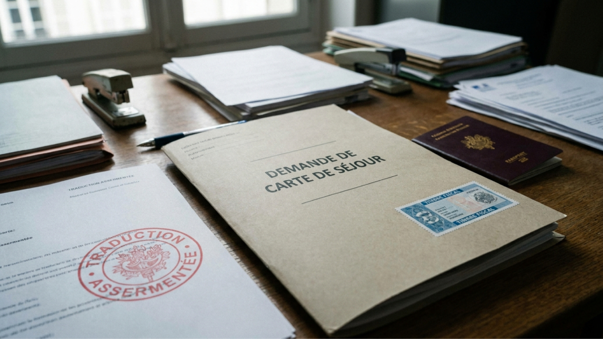 Dossier de demande de titre de séjour avec traduction assermentée officielle et timbre fiscal de 350 euros sur un bureau, réforme 2026.
