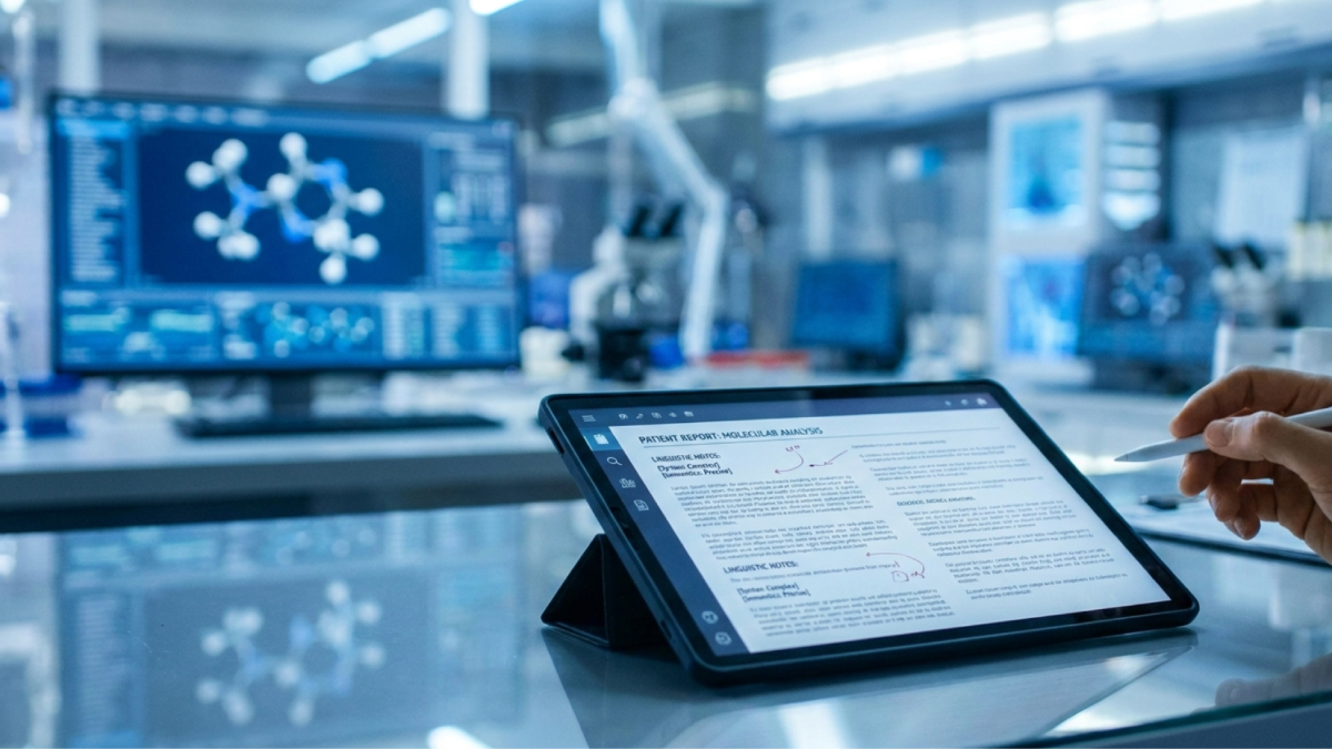 Tablette affichant une traduction médicale professionnelle dans un laboratoire pharmaceutique.