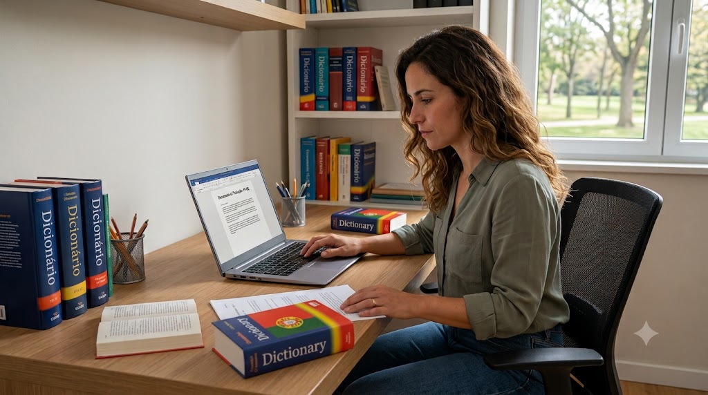 Tradutora profissional num escritório focado, a traduzir um texto num computador portátil rodeada de dicionários e documentos de apoio.