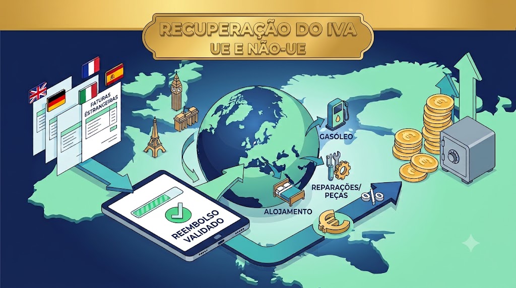 Infográfico a mostrar o processo de recuperação do IVA suportado no estrangeiro para empresas.