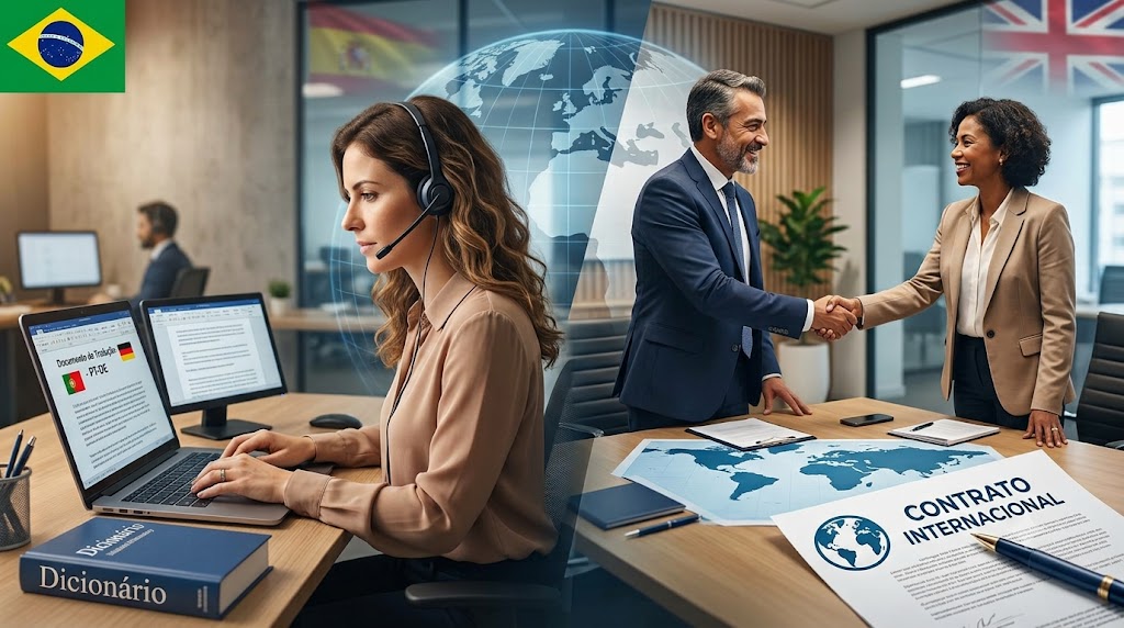 Uma profissional a trabalhar em tradução e serviços linguísticos num escritório moderno, com empresários em segundo plano a celebrar um negócio internacional.