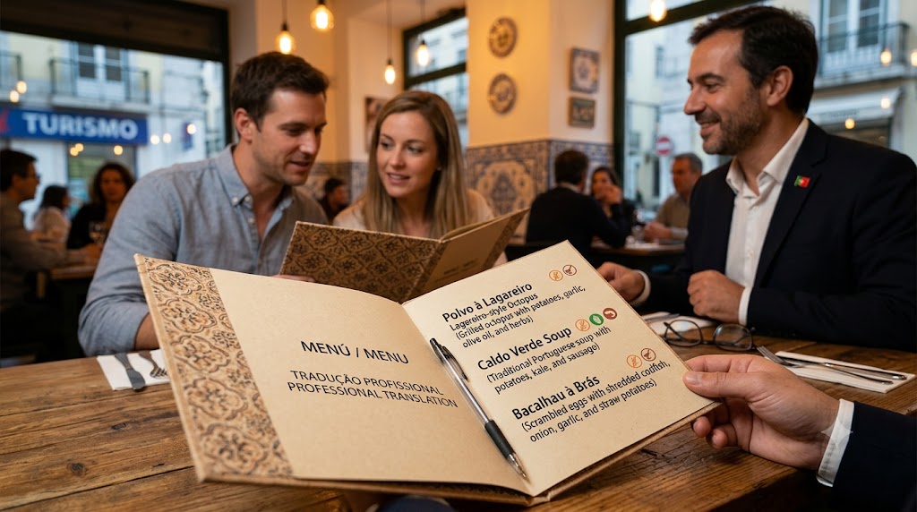 Vista de dois clientes lendo cardápios traduzidos em português e inglês, sentados em frente a um tradutor profissional em um restaurante aconchegante.