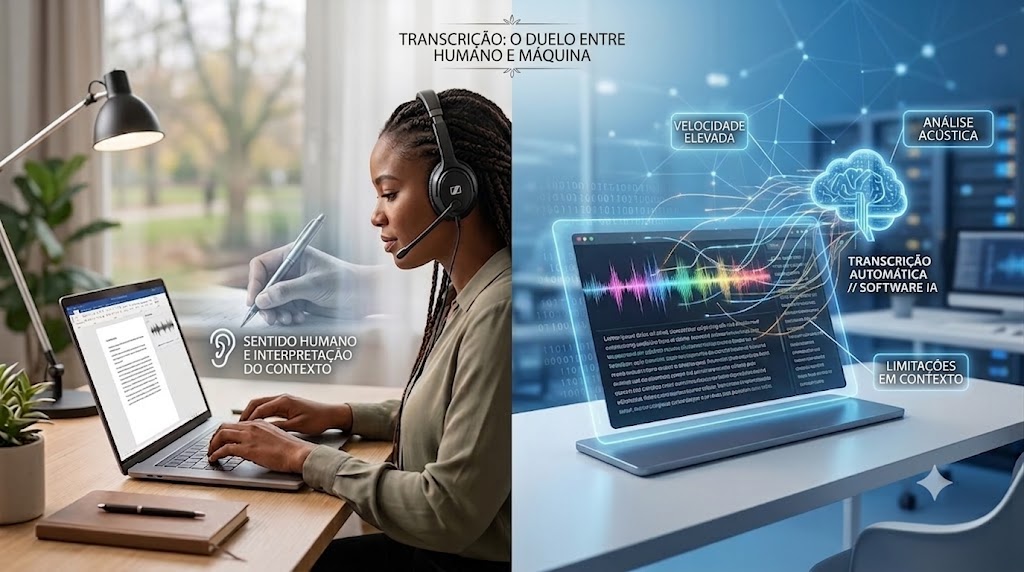 Uma transcritora profissional a trabalhar num computador com auscultadores e um monitor que mostra ondas sonoras e texto, enquanto uma representação digital de inteligência artificial sobrepõe dados binários e ondas sonoras, ilustrando o contraste entre a transcrição humana e a automatizada.