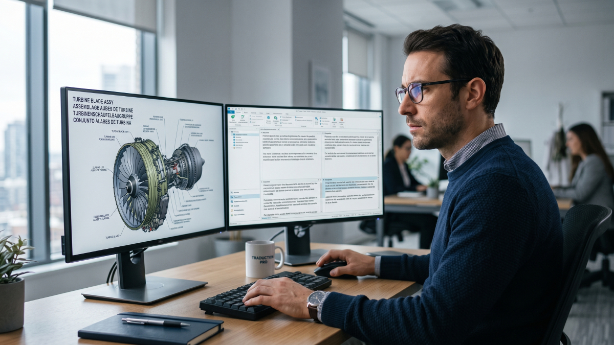 raducteur professionnel analysant des spécifications techniques de défense sur un double écran dans un bureau sécurisé.