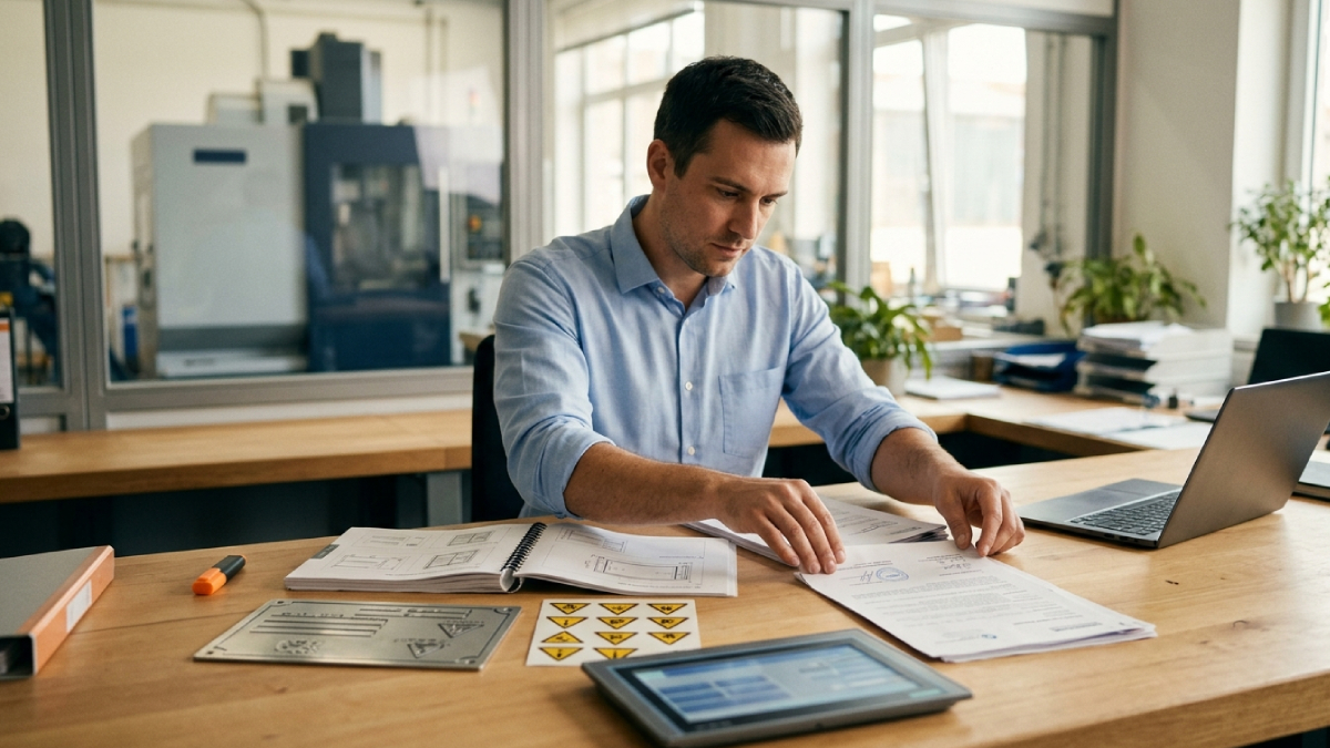 Rédacteur technique classant sur son bureau la notice, la plaque signalétique, les étiquettes d'avertissement et la déclaration de conformité d'une machine