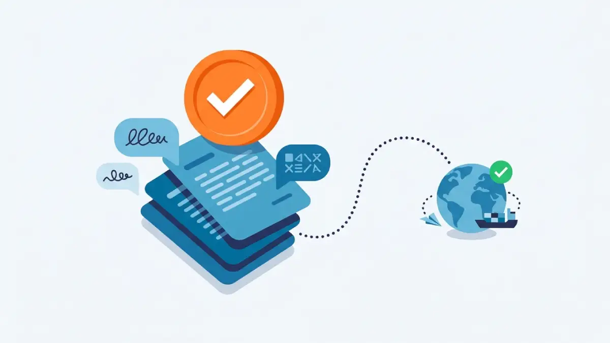 Illustration de documents traduits en plusieurs langues envoyés vers l'international, avec un médaillon orange symbolisant l'aide publique à l'export.