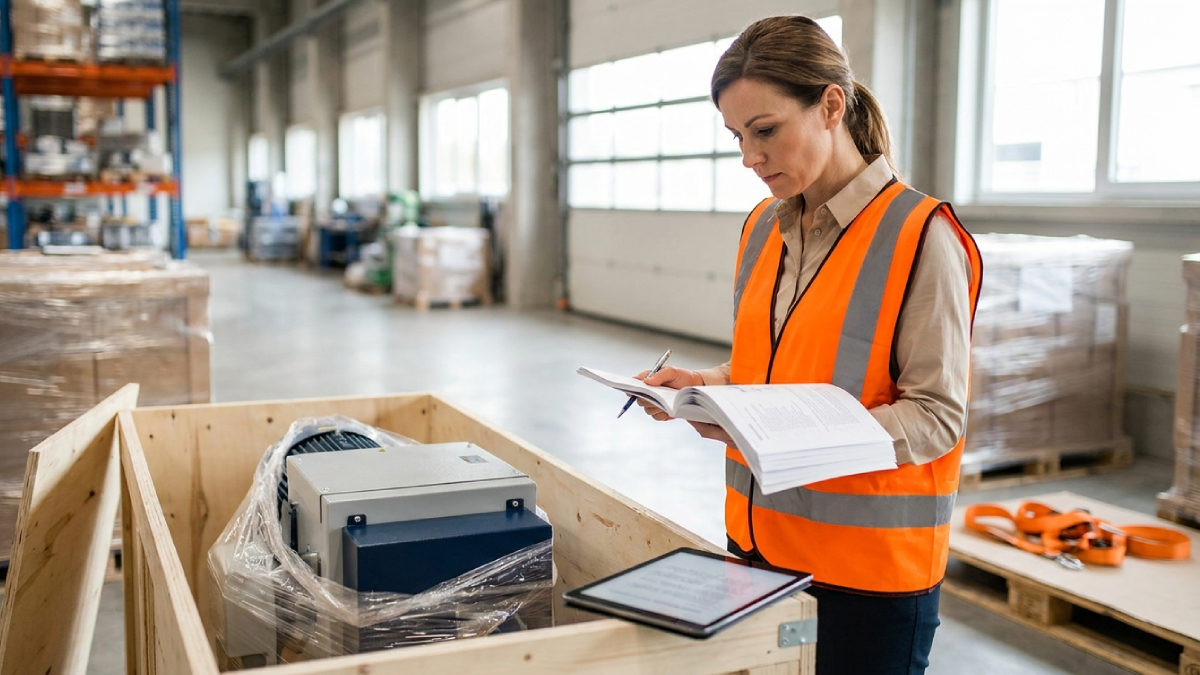 Responsable conformité vérifiant la notice d'instructions d'une machine importée, dans un entrepôt, devant sa caisse d'expédition ouverte